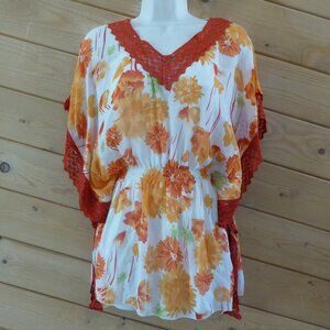 Kohinoor Orange Floral Crochet Lightweight Cinched Blouse Tunic Top NWT